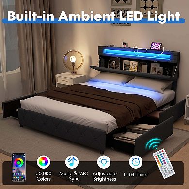 Costway Bed Frame with Led Lights & Charging Station & Modern Upholstered Bed