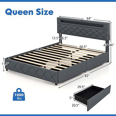 Costway Bed Frame with Led Lights & Charging Station & Modern Upholstered Bed