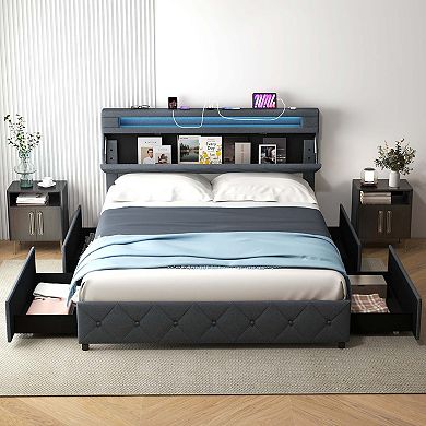 Costway Bed Frame with Led Lights & Charging Station & Modern Upholstered Bed