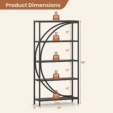 Costway 5-Tier Bookshelf, 65" Tall Industrial Etagere Bookcase with Half-Moon Shape