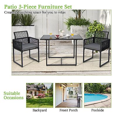 Costway 3PCS Patio PE Wicker Furniture Set Cushioned Chairs with Folding Backrest Backyard