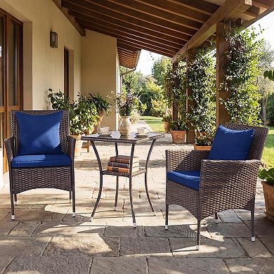 Costway 3PCS Patio Wicker Bistro Set, 2 Rattan Chairs with Double-Tier Tempered Glass Table