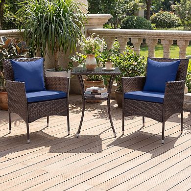 Costway 3PCS Patio Wicker Bistro Set, 2 Rattan Chairs with Double-Tier Tempered Glass Table