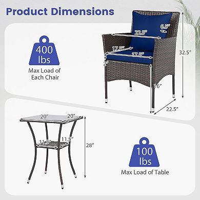 Costway 3PCS Patio Wicker Bistro Set, 2 Rattan Chairs with Double-Tier Tempered Glass Table