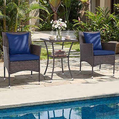 Costway 3PCS Patio Wicker Bistro Set, 2 Rattan Chairs with Double-Tier Tempered Glass Table