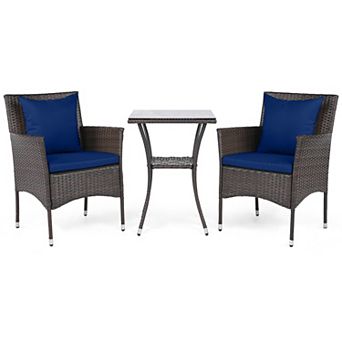 Costway 3 pc Patio Wicker Bistro Set, 2 Rattan Chairs with Double-Tier Tempered Glass Table