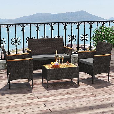 Costway 4 PCS Patio Wicker Sofa Set with Coffee Table Acacia Wood Armrests & Tabletop