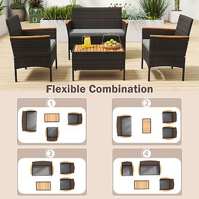 Costway 4 PCS Patio Wicker Sofa Set with Coffee Table Acacia Wood Armrests & Tabletop