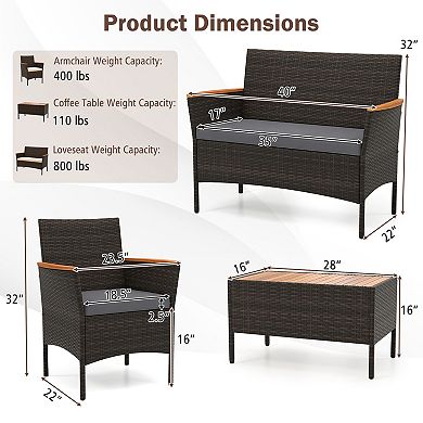 Costway 4 PCS Patio Wicker Sofa Set with Coffee Table Acacia Wood Armrests & Tabletop