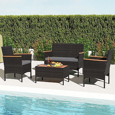 Costway 4 PCS Patio Wicker Sofa Set with Coffee Table Acacia Wood Armrests & Tabletop