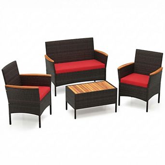 Costway 4 pc Patio Wicker Sofa Set with Coffee Table Acacia Wood Armrests & Tabletop