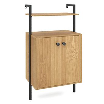 Costway Wall Mount Bookshelf with Storage Cabinet,2-Door Industrial Bookcase with Open Shelves