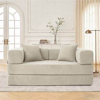 5-In-1 Folding Convertible Sofa Bed, 63 Inch Oversized Corduroy Upholstered Boneless Couch, Loveseat