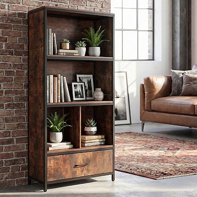Costway 5-Tier Industrial Freestanding Bookcase with 4 Storage Compartments & Fabric Drawer