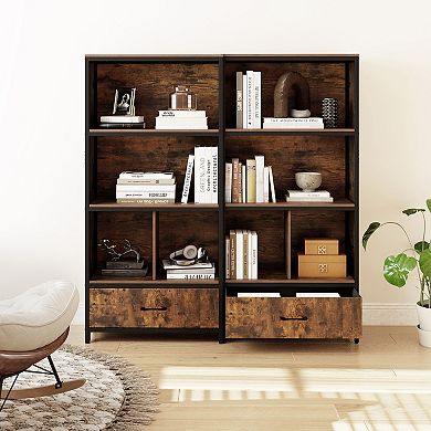 Costway 5-Tier Industrial Freestanding Bookcase with 4 Storage Compartments & Fabric Drawer