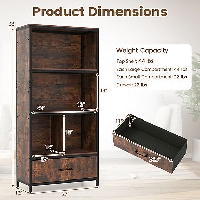 Costway 5-Tier Industrial Freestanding Bookcase with 4 Storage Compartments & Fabric Drawer