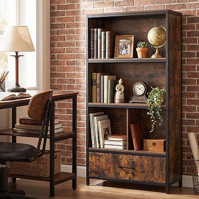 Costway 5-Tier Industrial Freestanding Bookcase with 4 Storage Compartments & Fabric Drawer