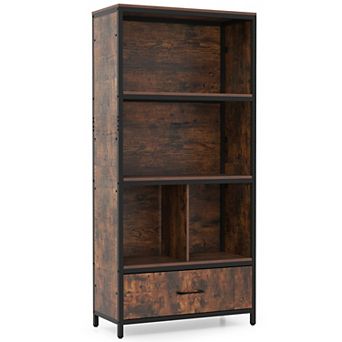 Costway 5 tier Industrial Freestanding Bookcase with 4 Storage Compartments & Fabric Drawer