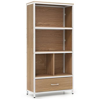Costway 5 tier Industrial Freestanding Bookcase with 4 Storage Compartments & Fabric Drawer