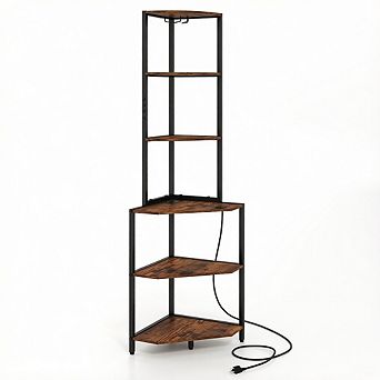 Costway 6 tier Corner Shelf with Charging Station Ambience Light Stemware Rack for Kitchen