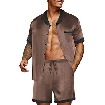Ekouaer Men Satin Silk Pajamas Set Sleepwear Shorts Summer Loungewear Two Piece Button Down