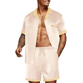 Ekouaer Men Satin Silk Pajamas Set Sleepwear Shorts Summer Loungewear Two Piece Button Down