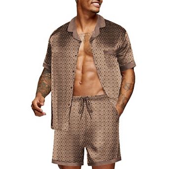 Ekouaer Men Satin Silk Pajamas Set Sleepwear Shorts Summer Loungewear Two Piece Button Down
