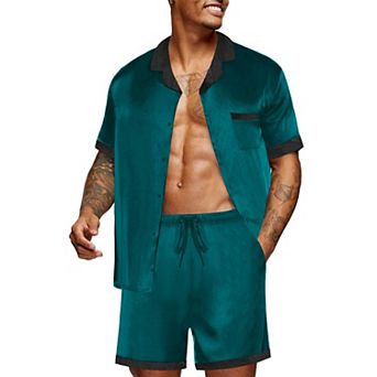 Ekouaer Men Satin Silk Pajamas Set Sleepwear Shorts Summer Loungewear Two Piece Button Down