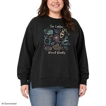 Plus Size Gilmore Girls "Sip Coffee Read Books" Oversized Fleece Crew Sweatshirt