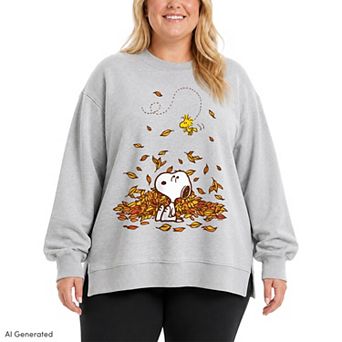Plus Size Peanuts Snoopy & Woodstock Oversized Fleece Crew Sweatshirt