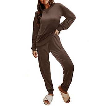 Ekouaer Womens Velvet Pajamas Sets Long Sleeve Leopard Jogger Pajamas Two Piece Velour Sleepwear
