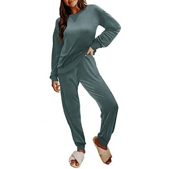 Ekouaer Womens Velvet Pajamas Sets Long Sleeve Leopard Jogger Pajamas Two Piece Velour Sleepwear