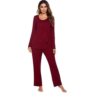 Ekouaer Maternity Nursing Pajama Set Long Sleeve Top & Pants Breastfeeding Double Layer Pregnancy