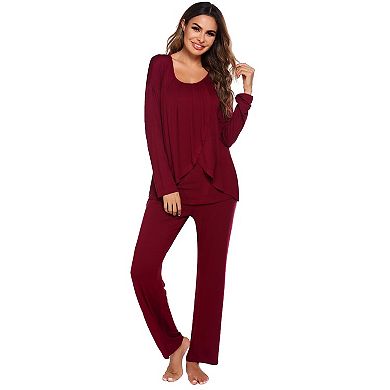 Ekouaer Maternity Nursing Pajama Set Long Sleeve Top & Pants Breastfeeding Double Layer Pregnancy