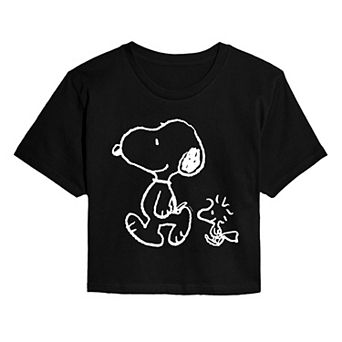 Juniors' Peanuts Snoopy & Woodstock Walk Cropped Tee