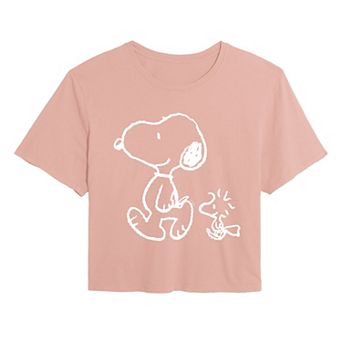 Juniors' Peanuts Snoopy & Woodstock Walk Cropped Tee