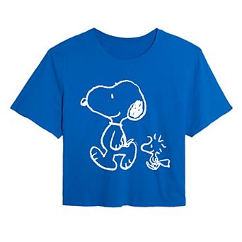 Juniors' Peanuts Snoopy & Woodstock Walk Cropped Tee