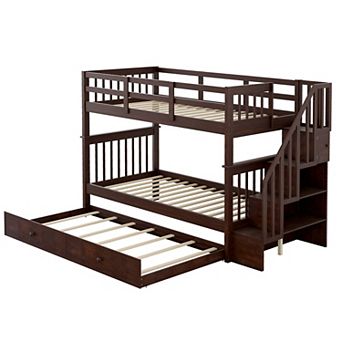 Merax Stairway Twin Over Twin Bunk Bed with Twin size Trundle for Bedroom