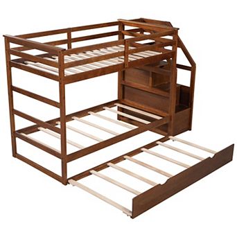 Merax Twin Over Twin Bunk Bed with Twin Size Trundle and 3 Storage Stairs