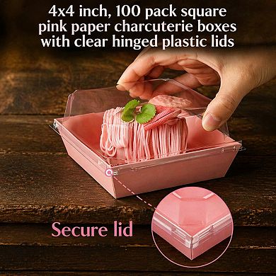 Pink Charcuterie Boxes Clear Lids 100 Pack Square Bakery Dessert Containers