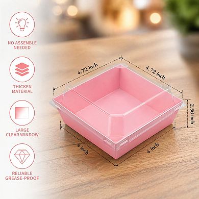 Pink Charcuterie Boxes Clear Lids 100 Pack Square Bakery Dessert Containers