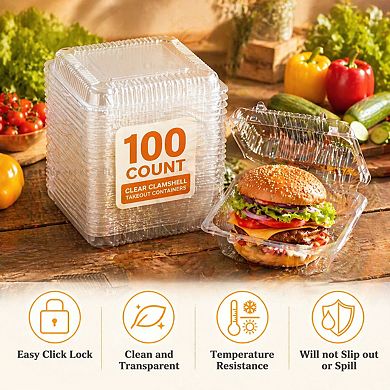 100 Clear Hinged Plastic Containers with Lids Disposable Clamshell Take Out for Cakes Cookies Pasta