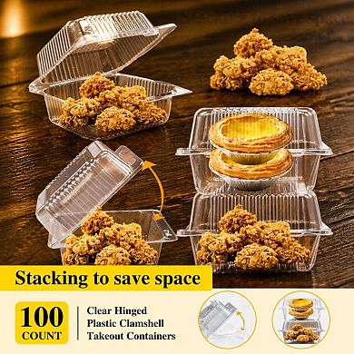 100 Clear Hinged Plastic Containers with Lids Disposable Clamshell Take Out for Cakes Cookies Pasta