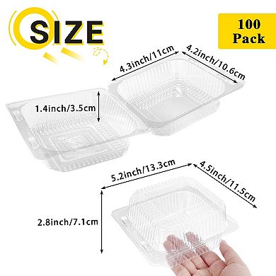 100 Clear Hinged Plastic Containers with Lids Disposable Clamshell Take Out for Cakes Cookies Pasta