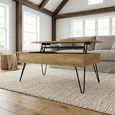 FurniFact Brown Engineered Wood Lift Top Coffee Table with Rustic Rectangular Design