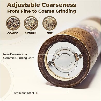 Wooden Salt Pepper Grinder Set with Stand Adjustable Ceramic Core