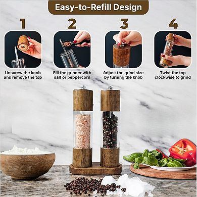 Wooden Salt Pepper Grinder Set with Stand Adjustable Ceramic Core