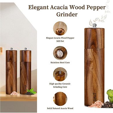 Acacia Wood Salt and Pepper Grinder Set 2 Pack Adjustable Coarseness