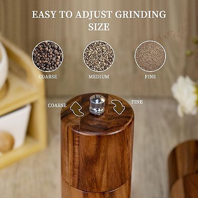 Acacia Wood Salt and Pepper Grinder Set 2 Pack Adjustable Coarseness