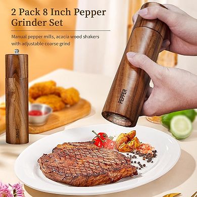 Acacia Wood Salt and Pepper Grinder Set 2 Pack Adjustable Coarseness